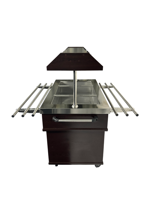 Stainless steel hot buffet display case with mahogany trim and LED lighting view 5