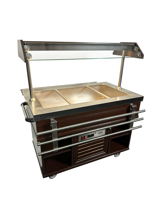 Stainless steel hot buffet display case with mahogany trim and LED lighting view 7