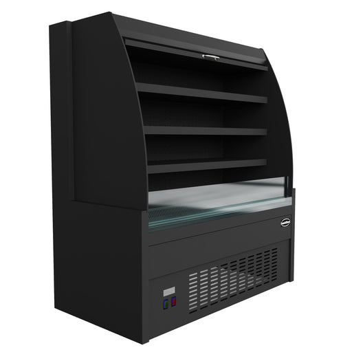 Black freestanding display cooler with curved glass front and three internal shelves.