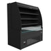 Black freestanding display cooler with curved glass front and three internal shelves.