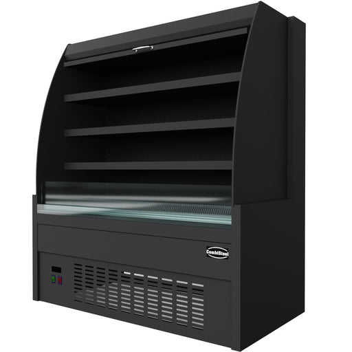 Black freestanding display cooler with curved glass front and three internal shelves. view 2