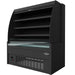 Black freestanding display cooler with curved glass front and three internal shelves. view 2
