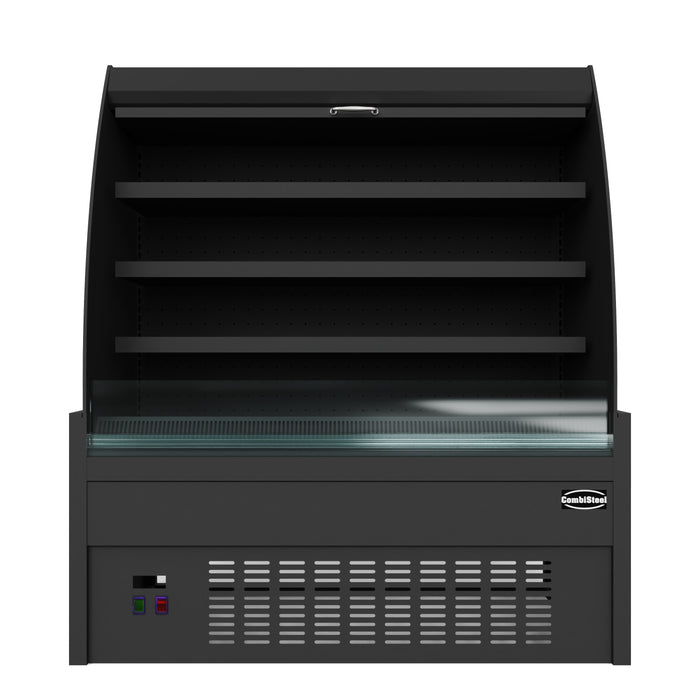 Black freestanding display cooler with curved glass front and three internal shelves. view 3