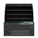 Black freestanding display cooler with curved glass front and three internal shelves. view 3