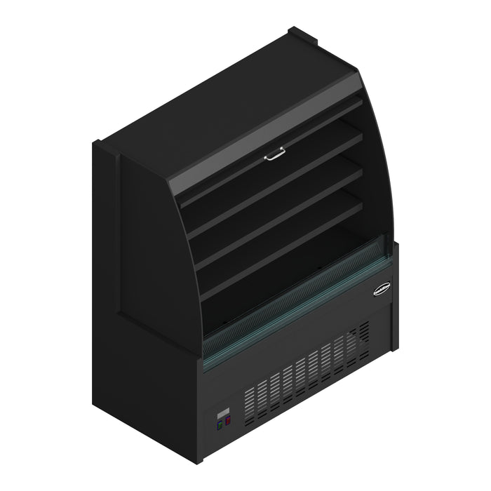 Black freestanding display cooler with curved glass front and three internal shelves. view 4