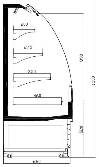Black freestanding display cooler with curved glass front and three internal shelves. view 5