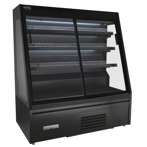 Black wall-mounted two-door display fridge with LED lighting and digital temperature control view 2