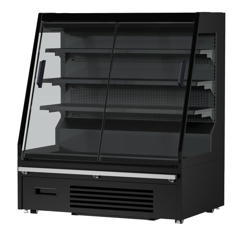Black wall-mounted two-door display fridge with LED lighting and digital temperature control