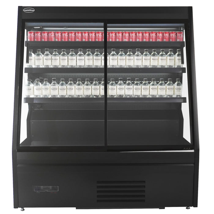 Black wall-mounted two-door display fridge with LED lighting and digital temperature control view 3