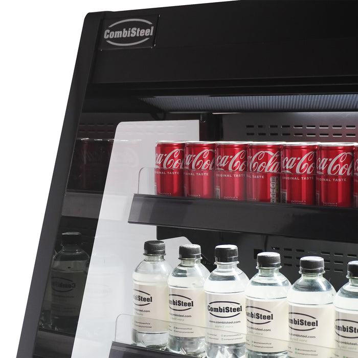 Combisteel wall-mounted three-door glass display fridge with LED lighting and digital temperature control view 3