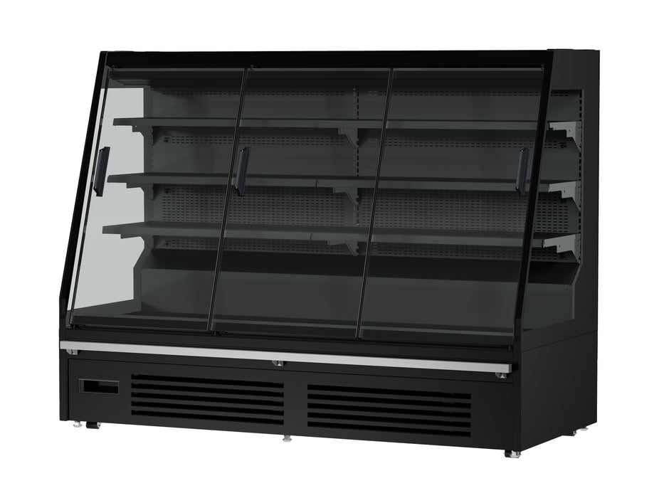 Combisteel wall-mounted three-door glass display fridge with LED lighting and digital temperature control