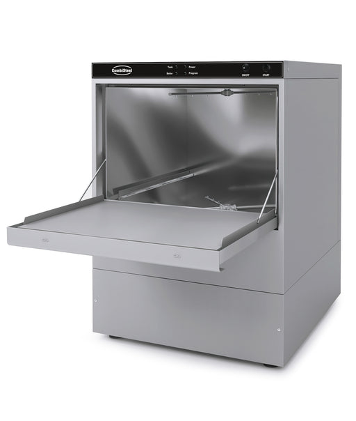 Compact stainless steel commercial glasswasher with manual controls and loading door view 2