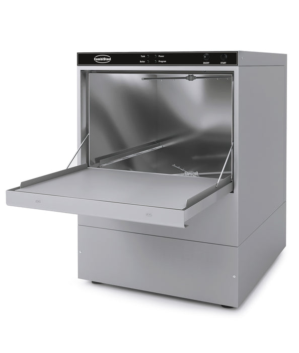 Compact stainless steel commercial glasswasher with manual controls and loading door view 2