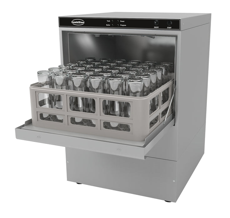 Compact stainless steel commercial glasswasher with manual controls and loading door view 3