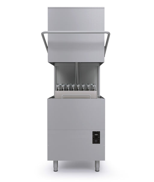 Combisteel ENT 400 pass through dishwasher with hood raised showing wash chamber