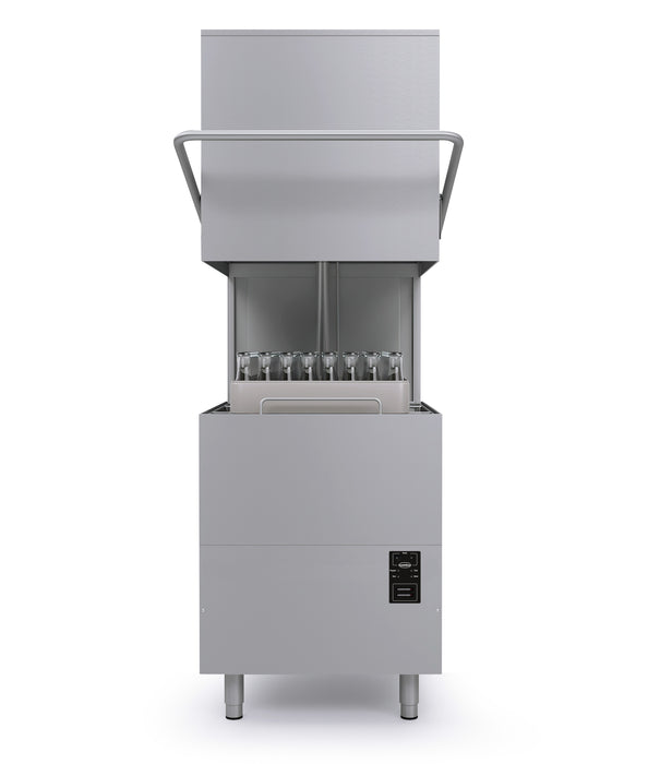 Combisteel ENT 400 pass through dishwasher with hood raised showing wash chamber