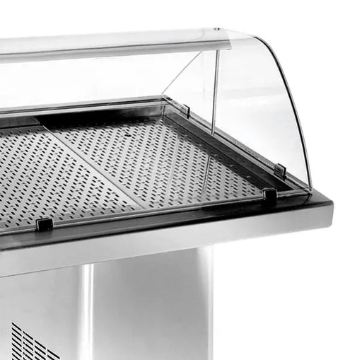 Stainless steel refrigerated fish display cabinet with curved glass doors and LED interior lighting view 2