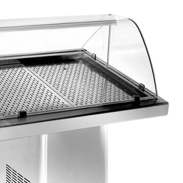 Stainless steel refrigerated fish display case with curved glass sliding doors and LED lighting view 2
