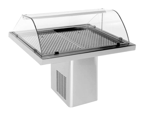 Stainless steel refrigerated fish display cabinet with curved glass doors and LED interior lighting