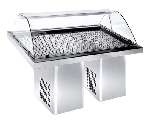 Stainless steel refrigerated fish display case with curved plexiglass sliding doors and LED interior lighting