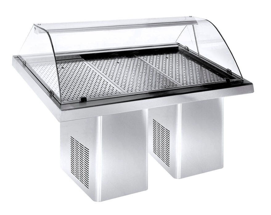 Stainless steel refrigerated fish display case with curved plexiglass sliding doors and LED interior lighting