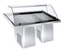 Stainless steel refrigerated fish display case with curved plexiglass sliding doors and LED interior lighting