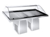 Stainless steel refrigerated fish display case with curved glass sliding doors and LED lighting