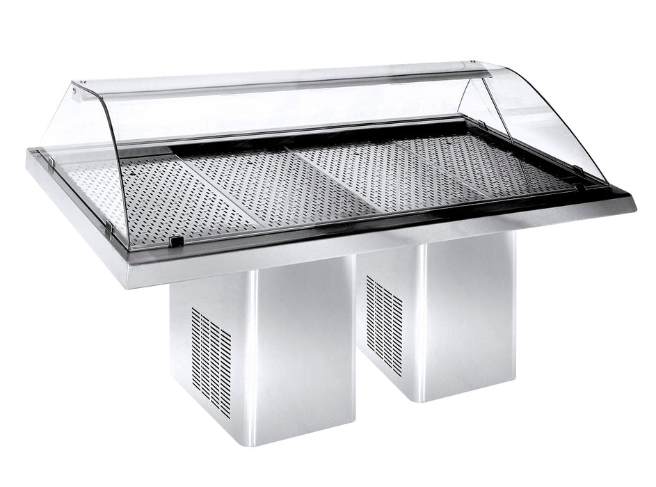 Stainless steel refrigerated fish display case with curved glass sliding doors and LED lighting