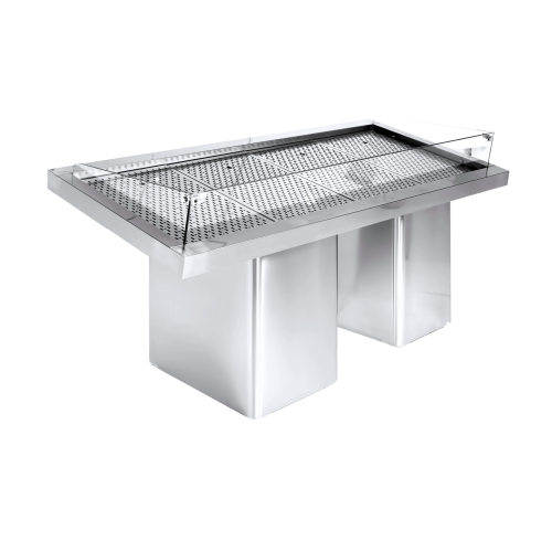 Stainless steel mobile fish display table with open top plateau, 1.9m wide.