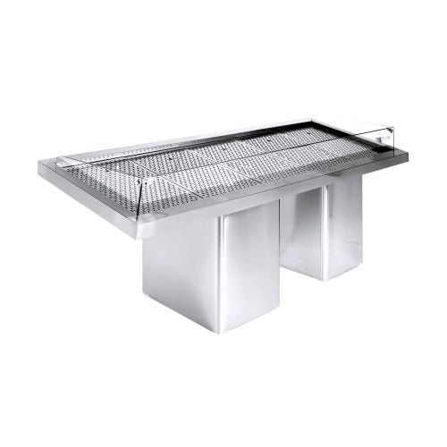 Stainless steel mobile fish display table with wide service plateau and drainage outlet