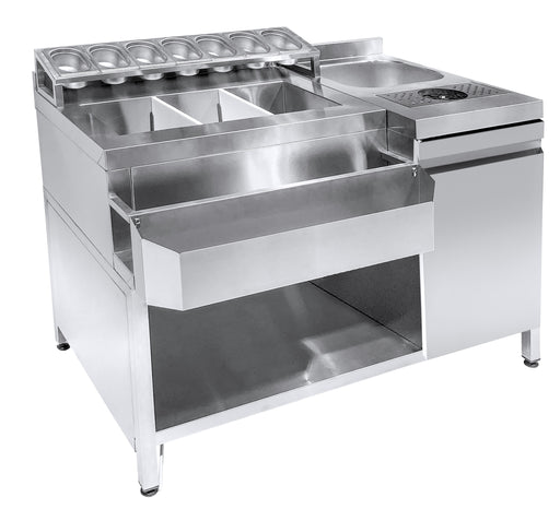 Stainless steel cocktail bar station with integrated sink, glass rinser and bottle speedrail