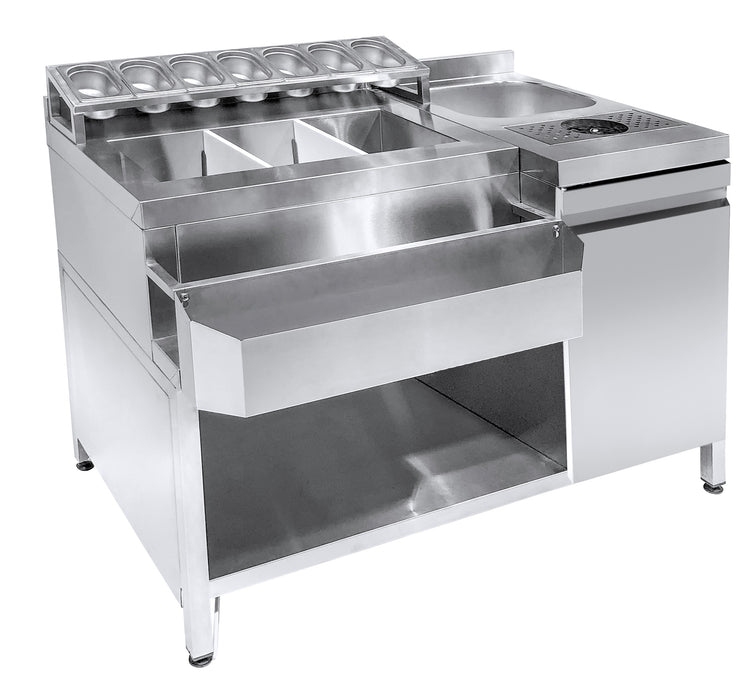Stainless steel cocktail bar station with integrated sink, glass rinser and bottle speedrail