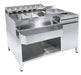 Stainless steel cocktail bar station with integrated sink, glass rinser and bottle speedrail