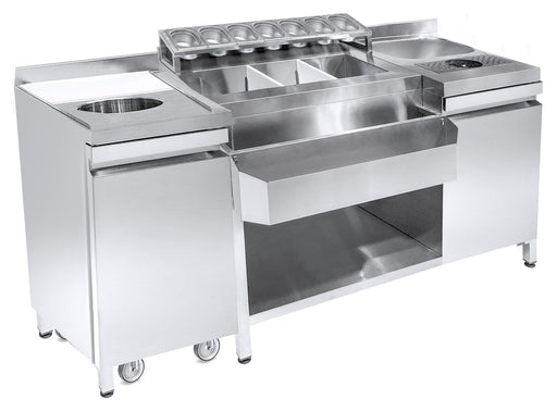 Stainless steel cocktail bar station with integrated sink and glass rinser unit
