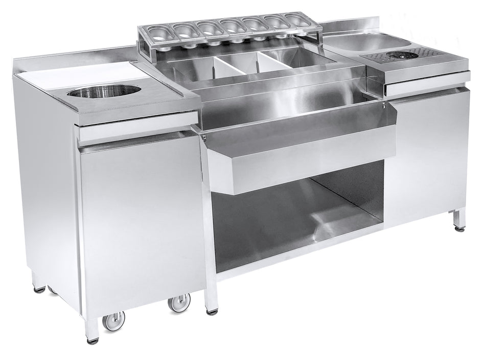 Stainless steel cocktail bar station with integrated sink and glass rinser unit