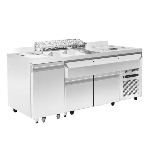 Stainless steel refrigerated cocktail bar station with integrated sink and storage drawers