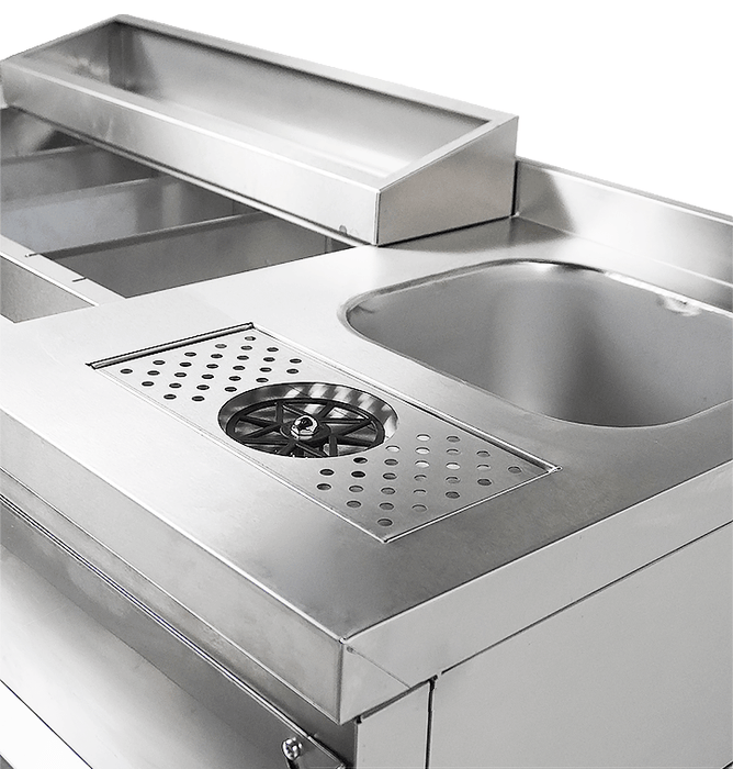 Stainless steel refrigerated cocktail bar station with integrated sink and storage drawers view 3