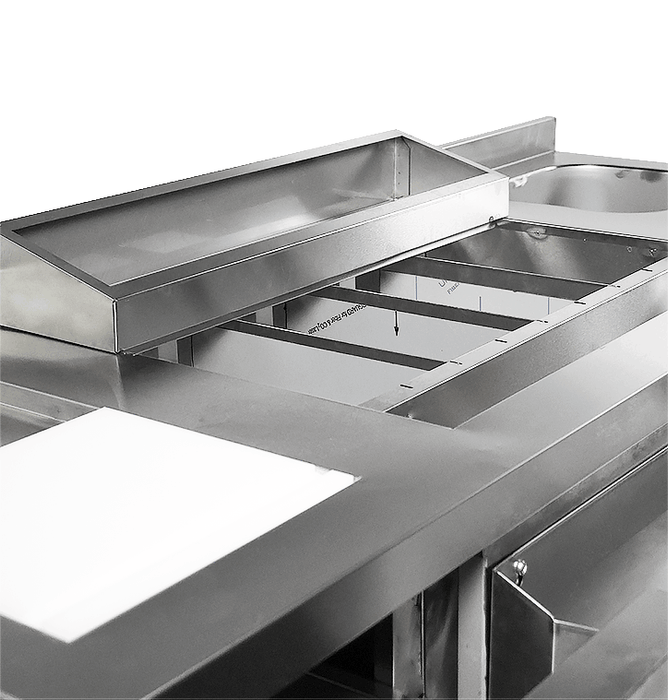 Stainless steel refrigerated cocktail bar station with integrated sink and storage drawers view 4