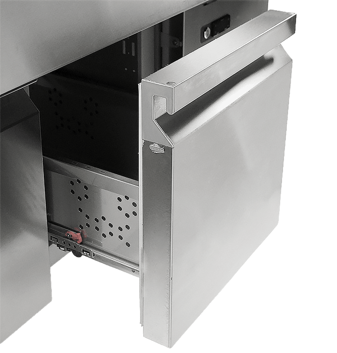 Stainless steel refrigerated cocktail bar station with integrated sink and storage drawers view 5