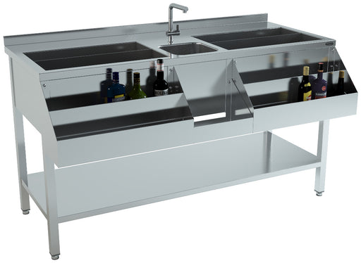 Stainless steel cocktail bar station with integrated sink, 1600mm wide