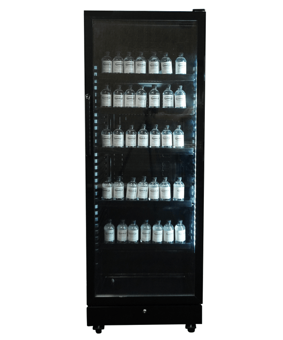Black upright display fridge with single glass door and five internal shelves, mobile on castors view 5