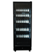 Black upright display fridge with single glass door and five internal shelves, mobile on castors view 5