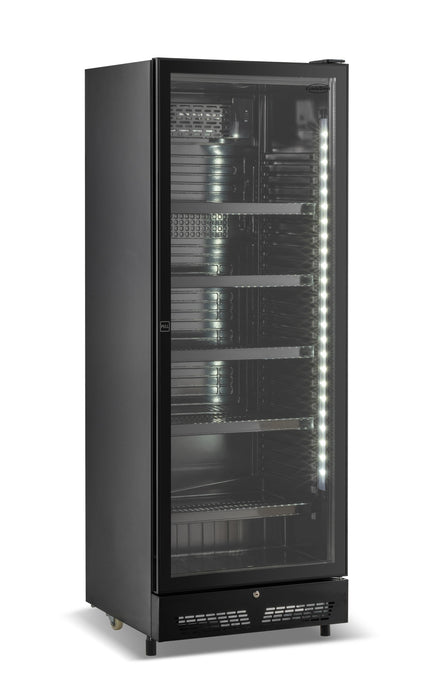 Black upright display fridge with single glass door and five internal shelves, mobile on castors