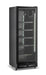 Black upright display fridge with single glass door and five internal shelves, mobile on castors