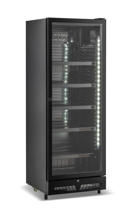 Black upright display fridge with single glass door and five internal shelves, mobile on castors