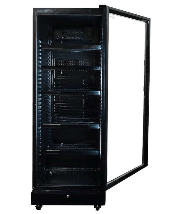 Black upright display fridge with single glass door and five internal shelves, mobile on castors view 6