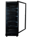 Black upright display fridge with single glass door and five internal shelves, mobile on castors view 6