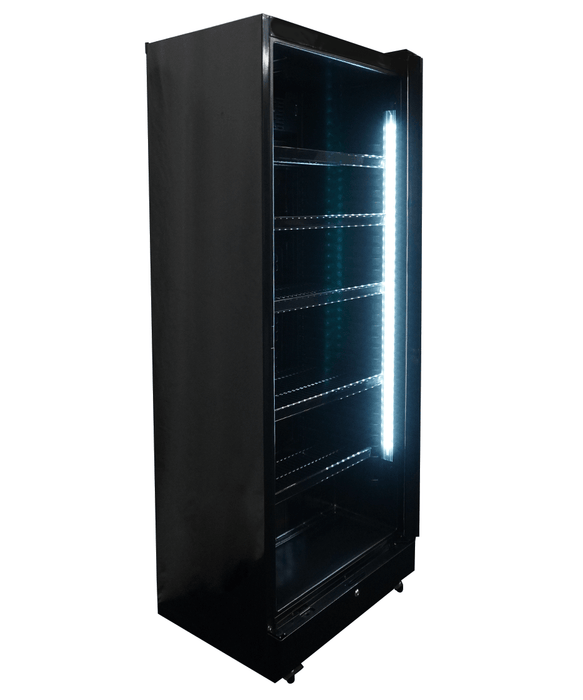 Black upright display fridge with single glass door and five internal shelves, mobile on castors view 7