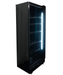 Black upright display fridge with single glass door and five internal shelves, mobile on castors view 7