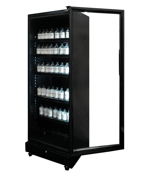 Black upright display fridge with single glass door and five internal shelves, mobile on castors view 2